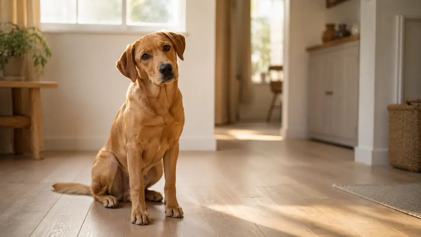 A golden dog sitting upright in a bright hallway, its collar visible at the neck
