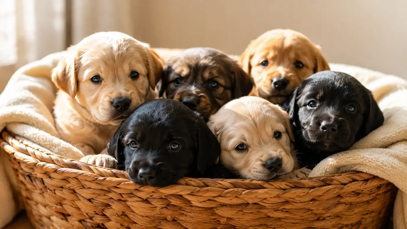 Five golden and black puppies asleep together in a wicker basket
