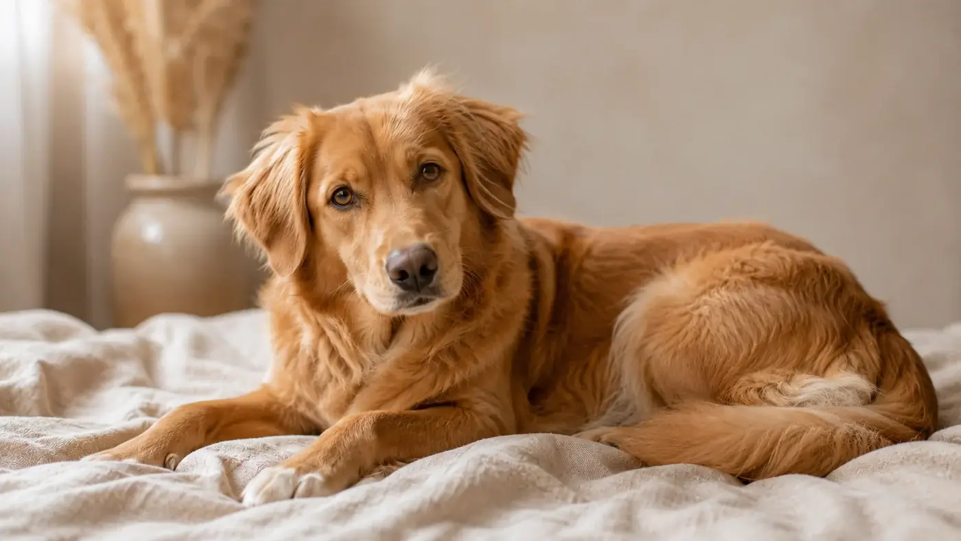 A golden retriever lying on a white bed, head raised toward the camera
