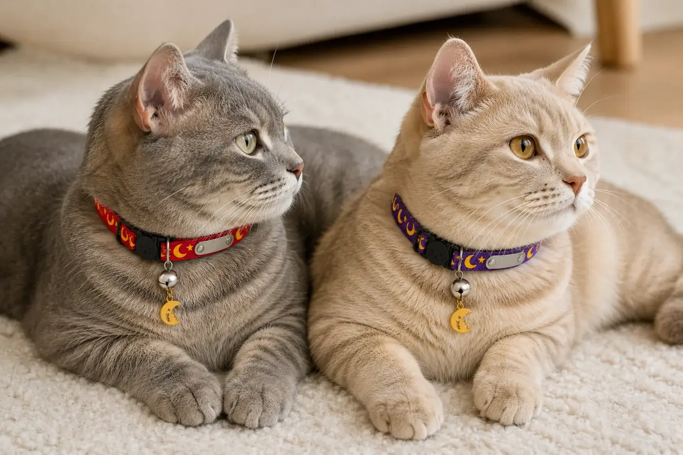 A grey cat and a ginger cat lying side by side, wearing the red and the purple collar
