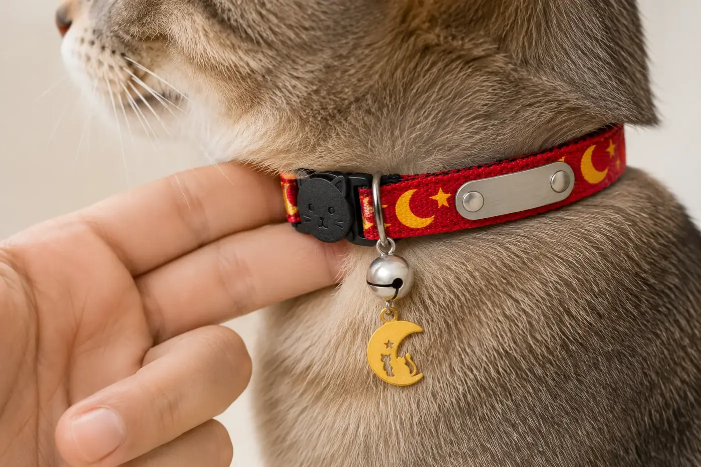 A hand adjusting the red collar on a tabby cat's neck, the engraving plate visible on the strap