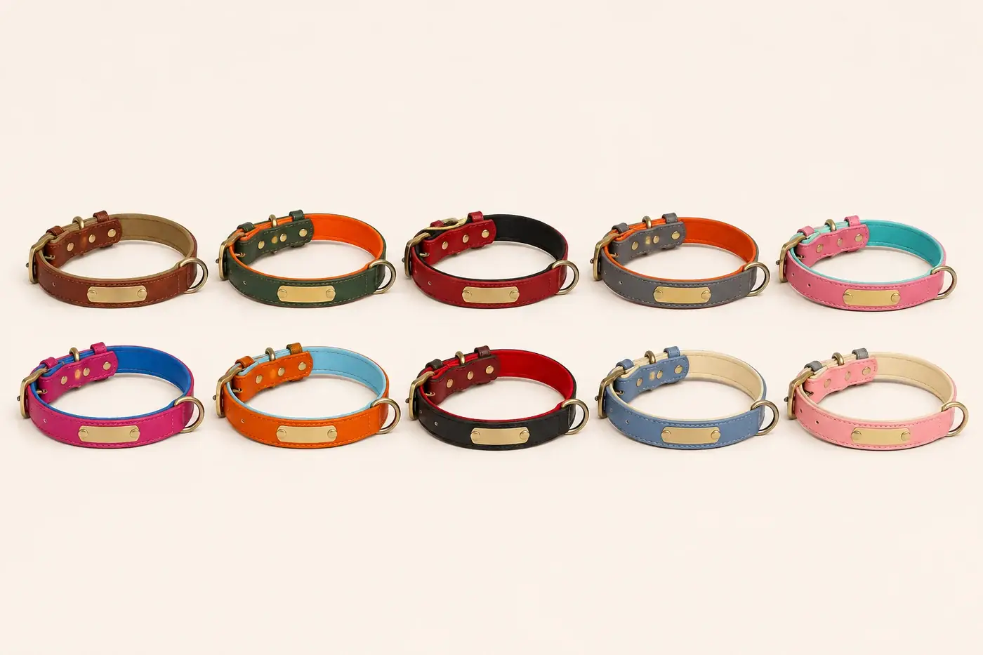 The ten collar colors laid out in two rows, each showing its contrasting lining