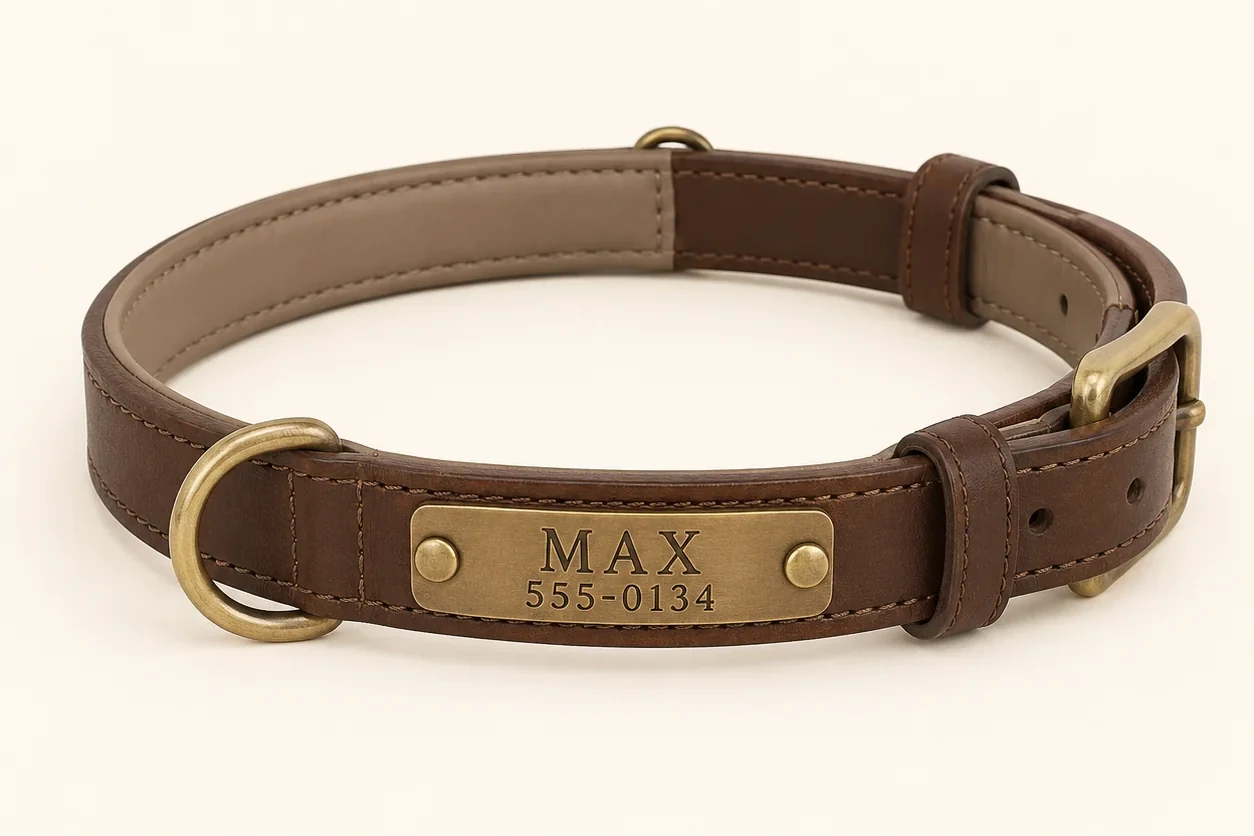 Brown leather dog collar laid open on a pale background, the brass plate engraved MAX above 555-0134
