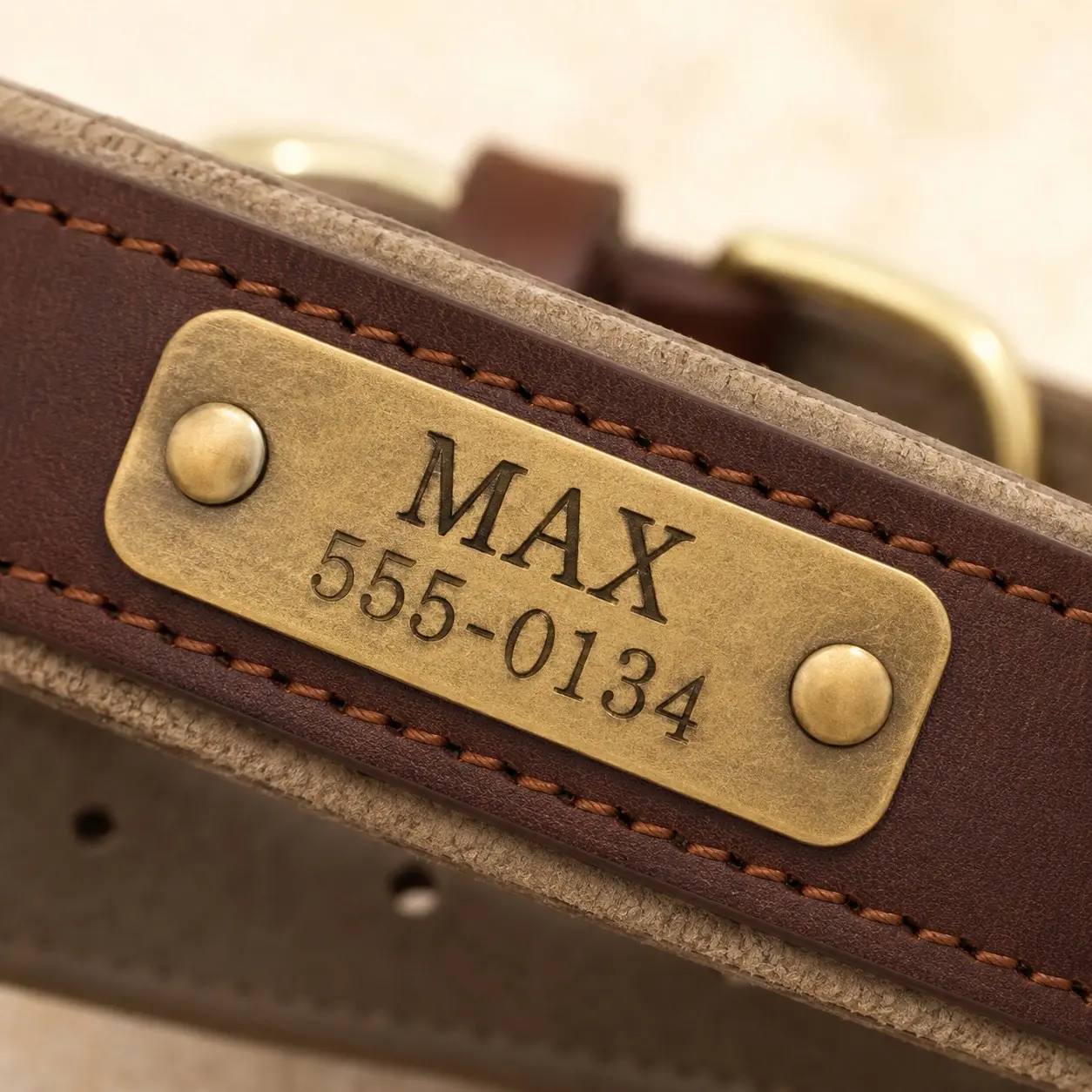 Macro of the brass name plate riveted to a brown leather strap, engraved MAX above 555-0134, the taupe lining and stitching visible alongside