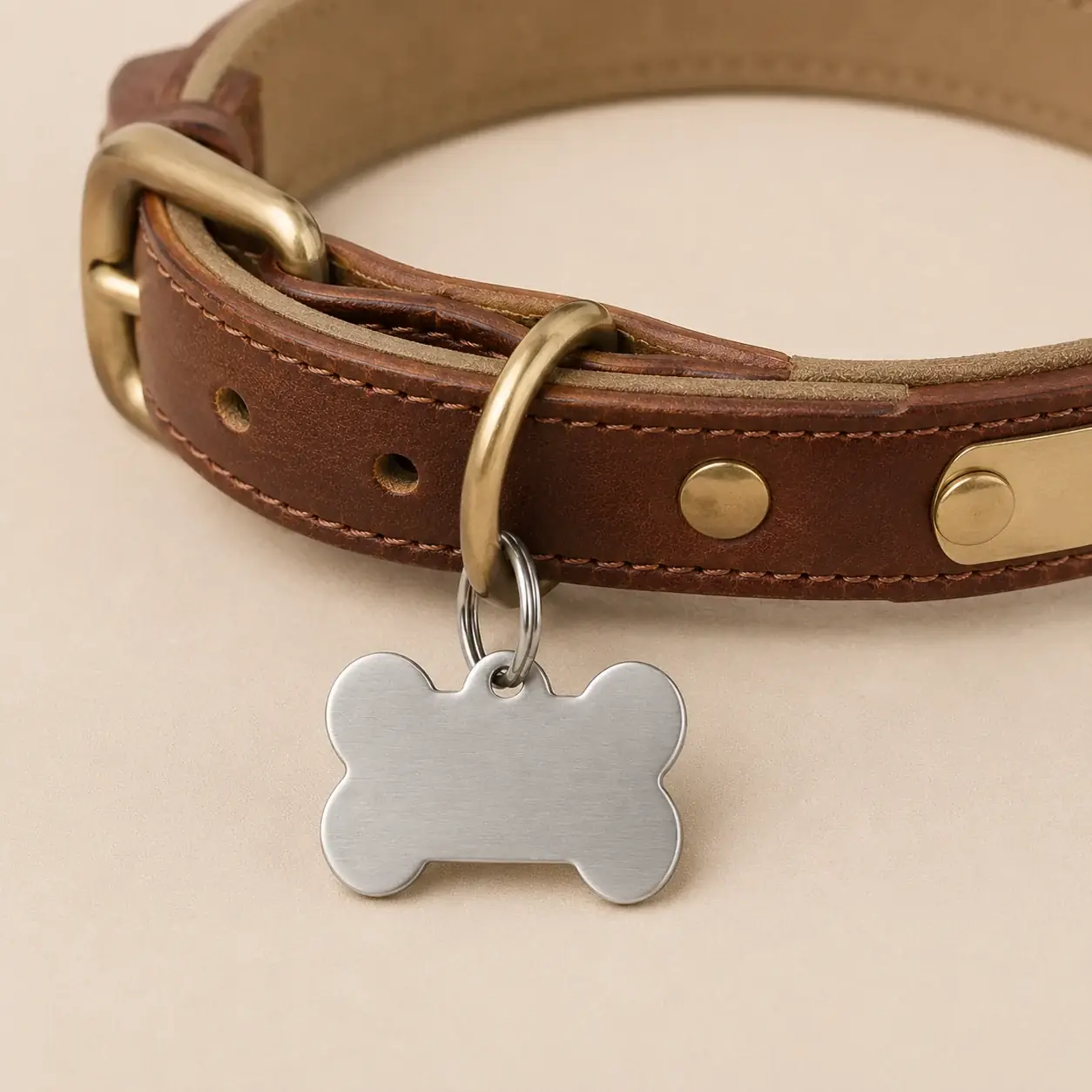 A steel bone tag hanging from the brass D-ring of a brown leather collar