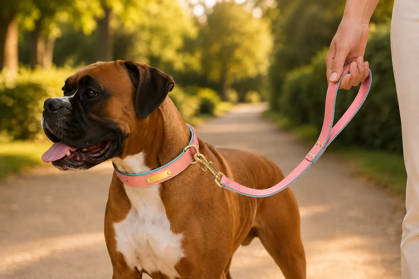 A boxer standing on a park path in a pink leather collar with a brass plate, its owner holding the matching leash