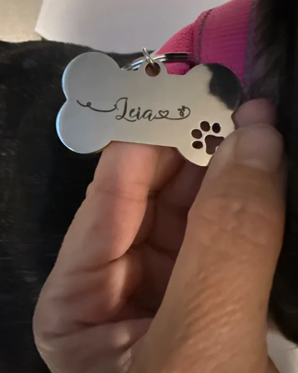 Steel bone-shaped tag engraved "Leia", held in hand with a dog behind