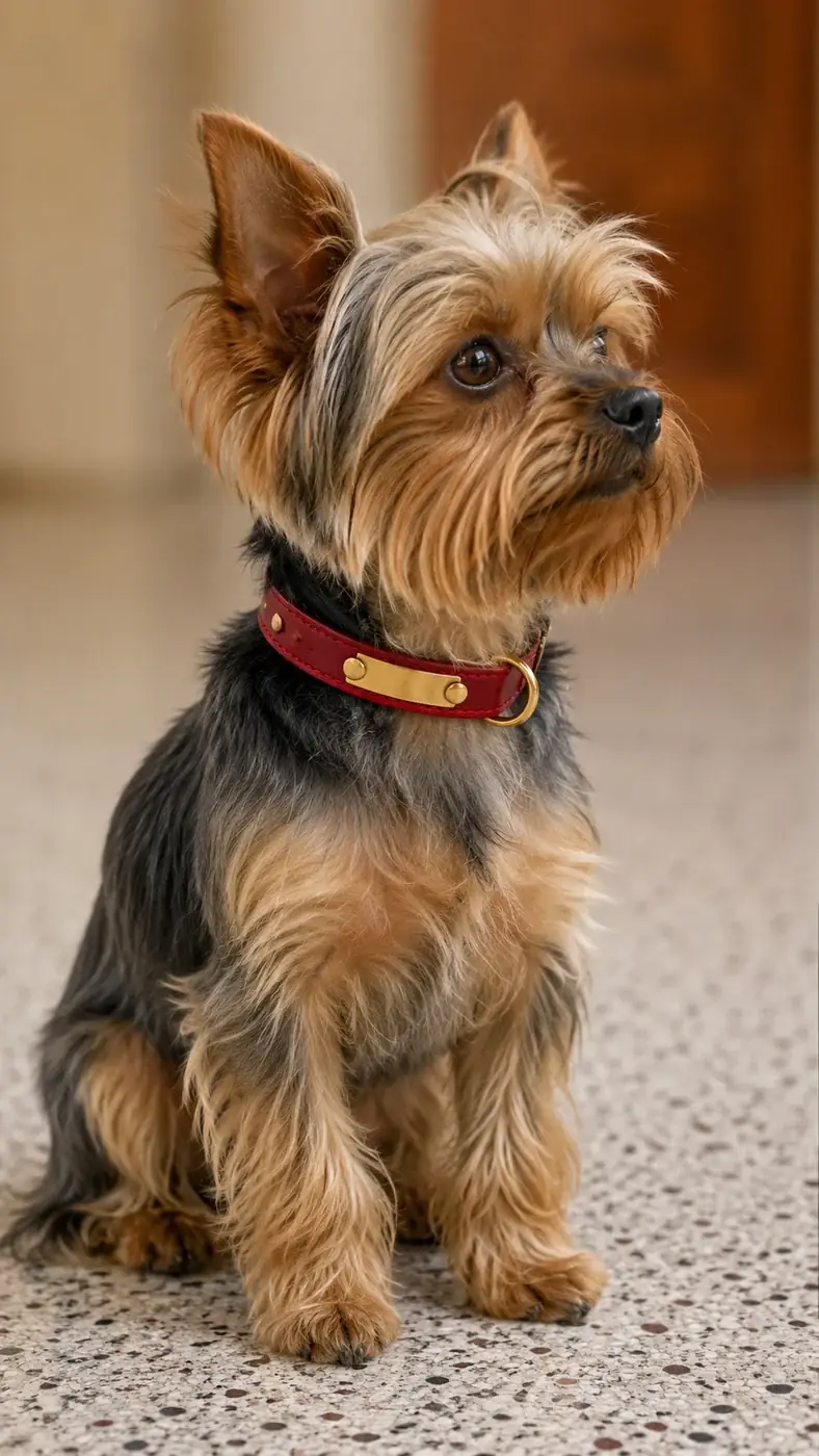 A yorkshire terrier sitting on a speckled floor, wearing the red leather collar in size S with its brass plate